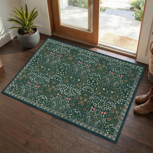 Boho Entryway Washable Rug 2x3ft,Farmhouse Bohemian Dark Green Floral Botanical Door Mat,Soft Low Pile Non-Slip Indoor Throw Small Vintage Rugs for Entrance,Bedroom,Kitchen,Laundry,Bathroom