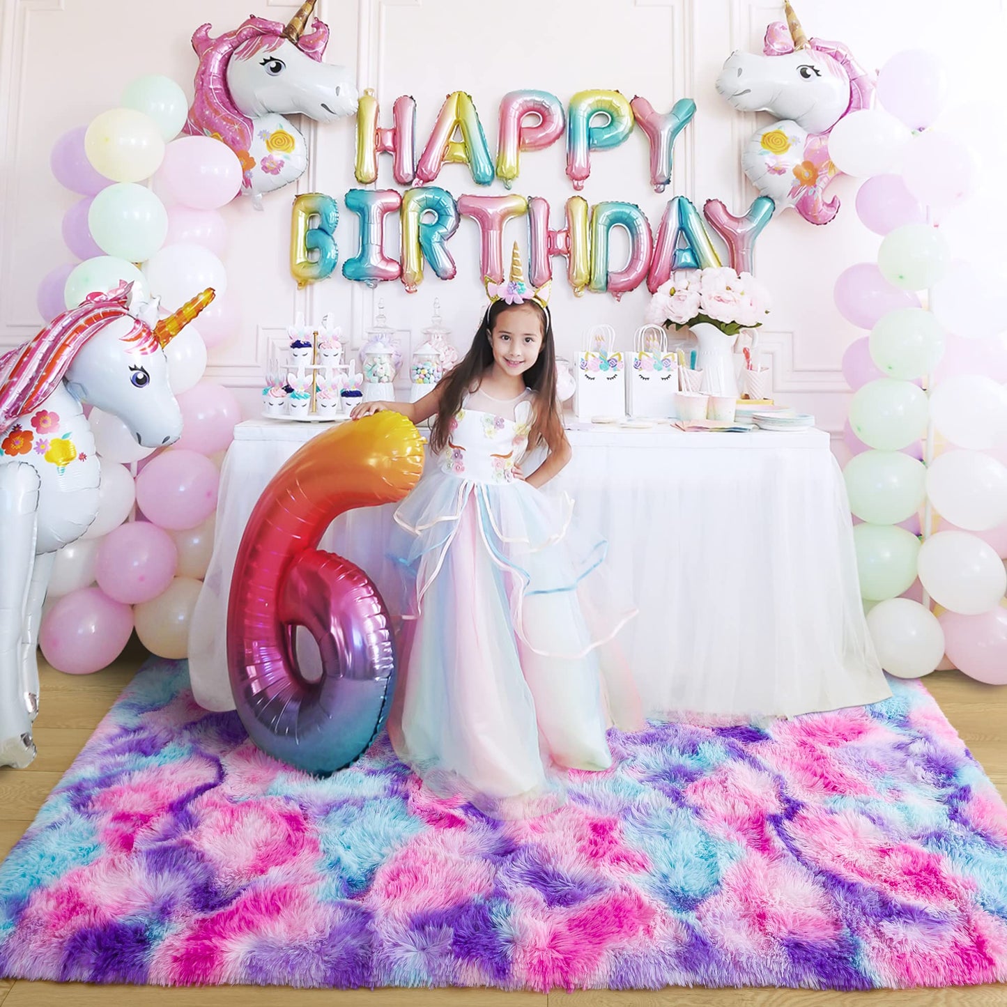 4x6 Tie-Dyed Pink Purple Blue Area Rug for Kids Bedroom Living Room, Fluffy Shag Soft Plush Furry Carpet, Non-Slip Indoor Floor Mat for Dining Room Home Decor