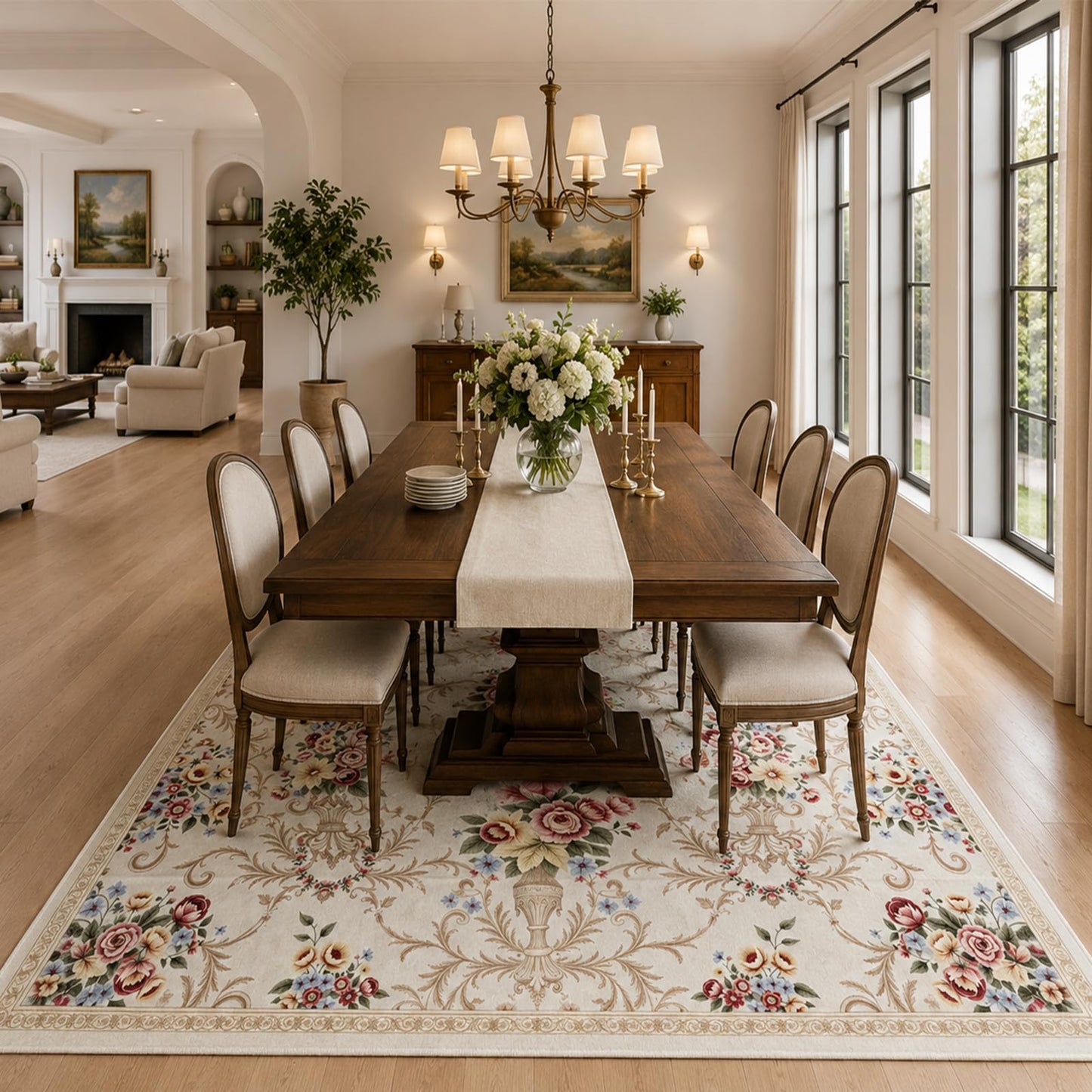 Helthep Washable Vintage Floral Area Rug 8x10, Ultra Soft Faux Wool Low Pile Rug, Non-Slip Backing,Soft Farmhouse Boho Cream Rug for Bedroom Dining Room Home Office, Pet & Kid Friendly