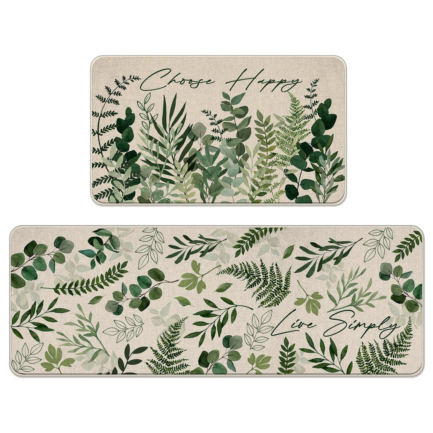 Livcoz Green Eucalyptus Leaves Botanical Kitchen Rugs Set of 2, Natural Plant Greenery Choose Happy Floor Mats Home Decor, Spring Summer Live Simply Door Mat Decorations - 17x29 and 17x47 Inches