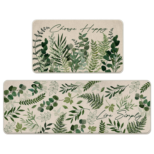 Livcoz Green Eucalyptus Leaves Botanical Kitchen Rugs Set of 2, Natural Plant Greenery Choose Happy Floor Mats Home Decor, Spring Summer Live Simply Door Mat Decorations - 17x29 and 17x47 Inches