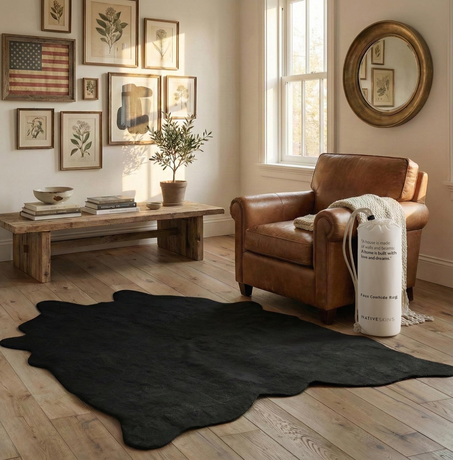 NativeSkins Faux Cowhide Rug – Black (Medium) | 4.3ft x 5.7ft | Cow Print | Western Bedroom Decor | Hand-Cut, Faux Suede No-Slip Backing | Western Rug | Animal Print | Cow Hide