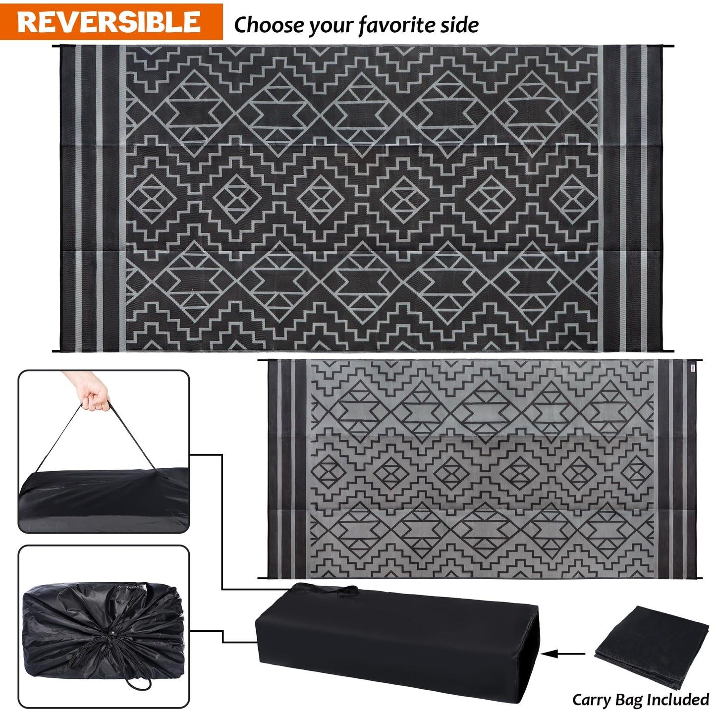 SAND MINE Reversible Mats, Plastic Straw Rug, Modern Area Rug, Large Floor Mat and Rug for Outdoors, RV, Patio, Backyard, Deck, Picnic, Beach, Trailer, Camping (9' x 18', Black & Grey)