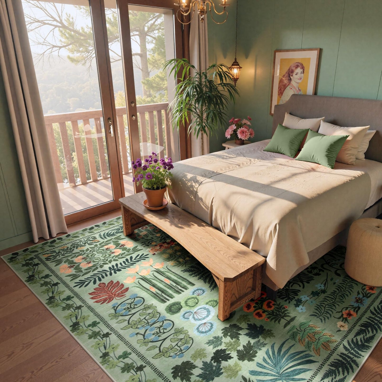 Zealude Boho Green Washable 8x10 Area Rug for Living Room, Floral Large Rugs for Bedroom Aesthetic, Non Slip Botanical Soft Indoor Throw Carpet for Dining Room Home Office Playroom (Green,8 x 10)