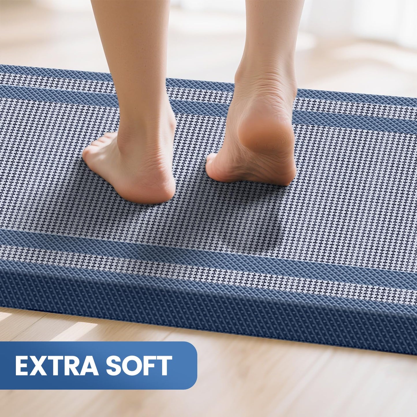 KitchenClouds [2 PCS Kitchen Rugs Cushioned Anti-Fatigue Kitchen Mats for Floor Waterproof Kitchen Rug Set Non-Slip Comfort Standing Mat for Office, Sink, Laundry 17.3"×29"+17.3"×47",Blue