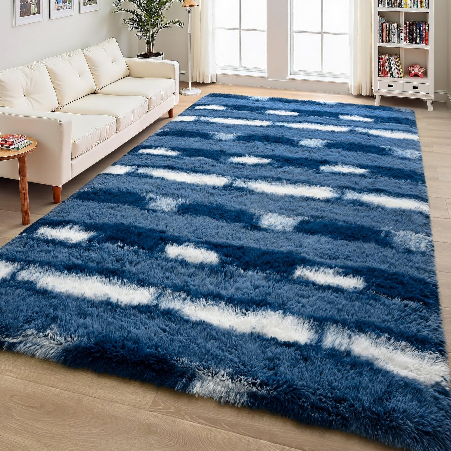 FALARK Shag Blue Striped Area Rug for Boys Room, 4x6 Feet Fluffy Soft Plush Rug for Kids Bedroom Decor, Indoor Non Slip Washable Carpet, Shaggy Carpets for Living Room, Playroom, Nursery