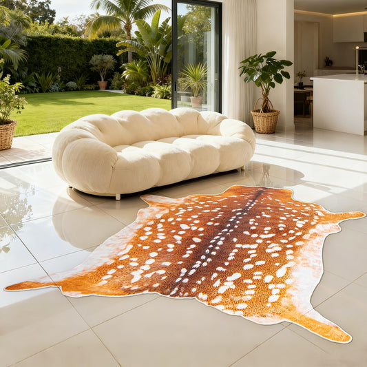 YulyreZome Deer Rug Faux Fur Deer Print Rug, 4.6x5.2 Feet Irregular Shaped Animal Hide Rugs, Soft Faux Cashmere Antelope Fawn Carpet for Living Room, Bedroom, Cabin, Lodge Western Home Decor
