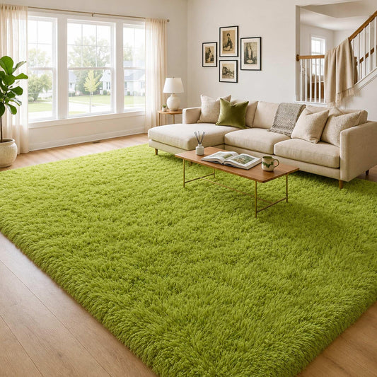OHWPEAT 6x9 Ft Sage Green Fluffy Area Rugs, Washable Ultra Soft Faux Fur Shag Carpet with Non-Slip Backing, Faux Grass Fuzzy Plush Rug for Football Soccer Watch Parties, Game Room, Patio, Party Decor