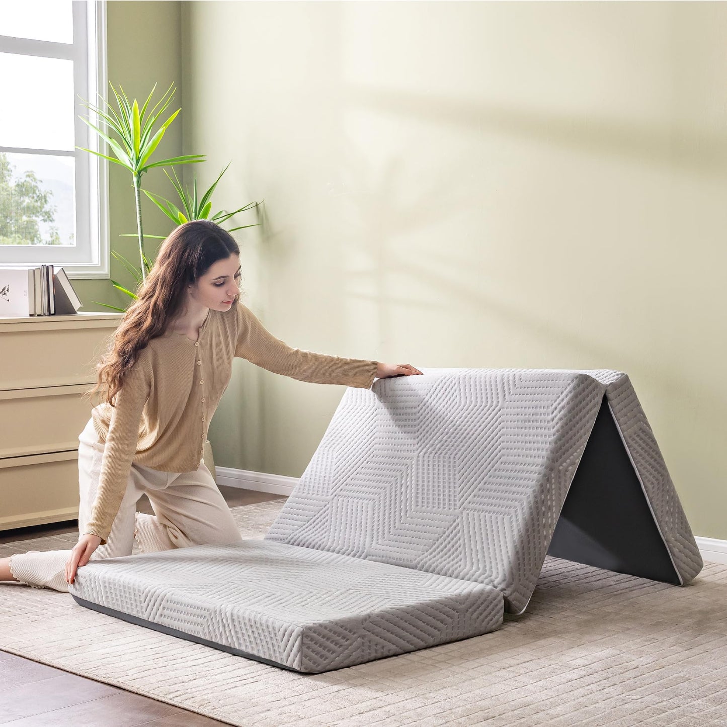 CH Charme House Folding Mattress Topper, 4 Inch Single Tri Folding Memory Foam Mattress Topper for Camping Guest Bed, Washable Cover & Non-Slip Bottom, 75" x 25" x 4", Grey