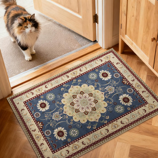 Lacut Small Area Rugs 2'x3' Washable, Non-Slip Boho Vintage Doormat Entry Rug for Enteryway Bedroom,Kitchen, Bathroom, Indoor Front Door, Blue Green Low Pile Rug