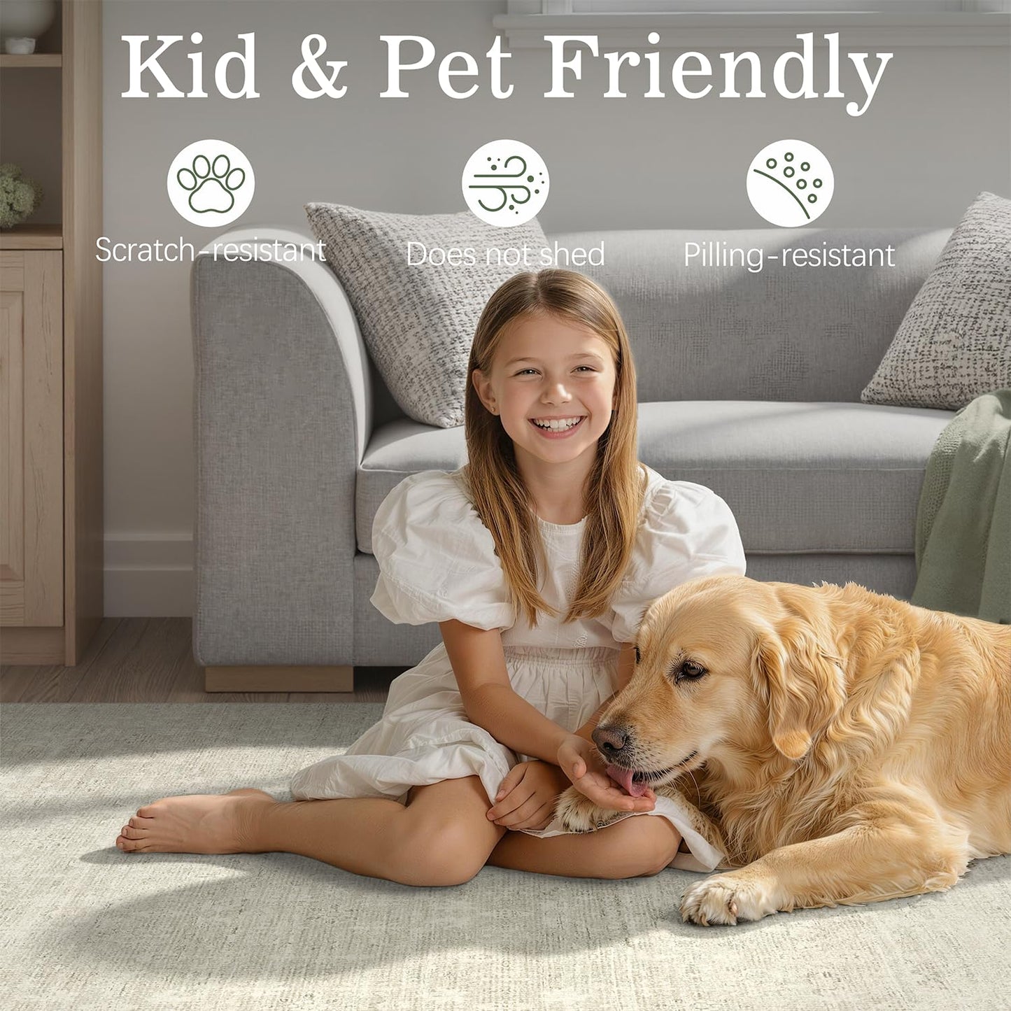 DCX 8x10 Beige Rug, Kid & Pet Friendly with Rubber Back Non Slip, Machine Washable Stain Resistant Neutral Floral Rug for Living Room, Bedroom, Home Office, Soft Low Pile Large Nursery Carpet