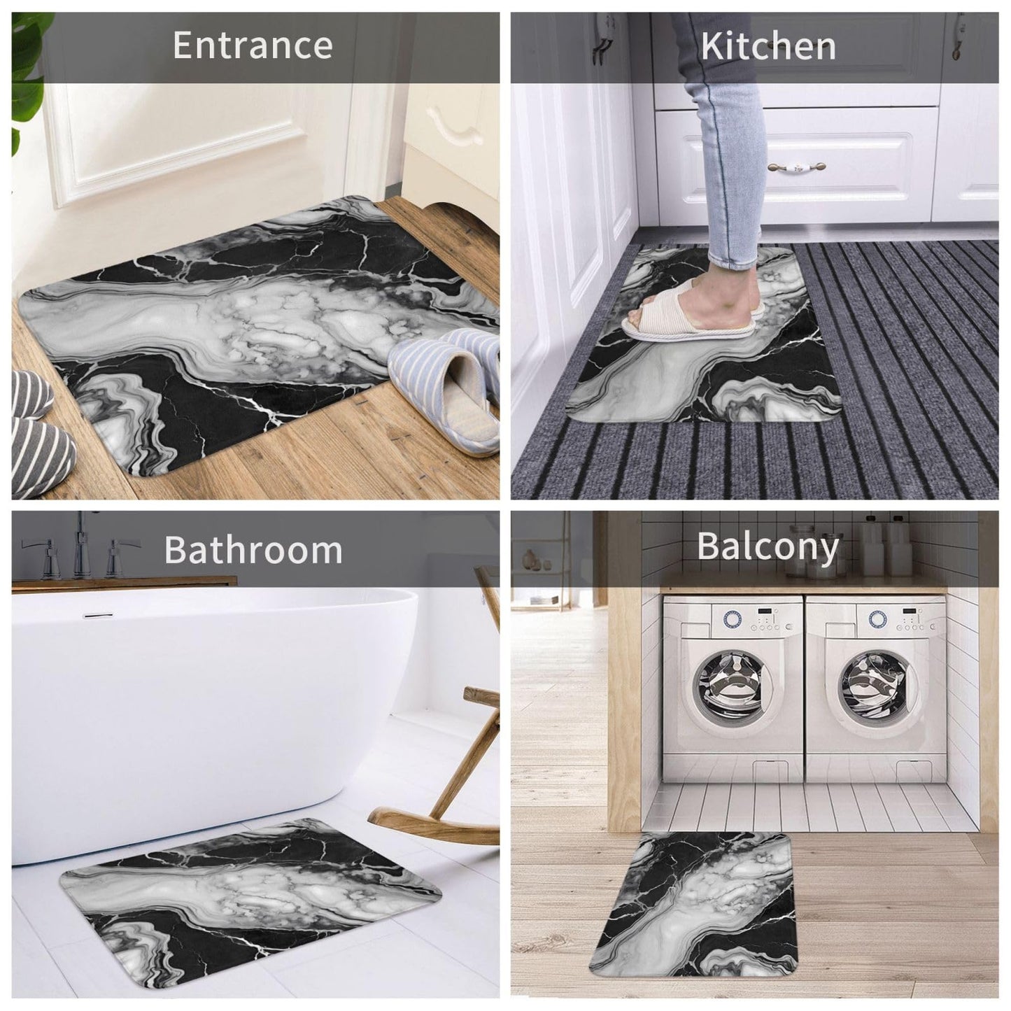 Sovvin Black and White Marble Bath Mat, Non-Slip Microfiber Rug, Soft Absorbent Kitchen Door Mat for Bathroom,Bedroom, 16x24 Inches