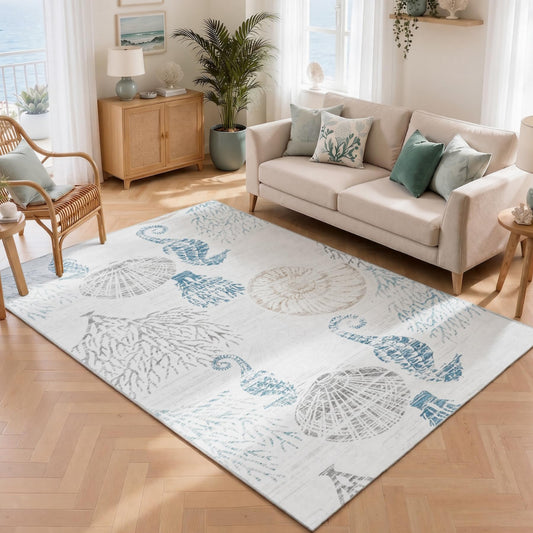 Tribesigns Boho Coastal 5x7 Washable Area Rugs for Living Room, Soft Non-Slip Rugs for Bedroom Dining Room, Large Ultra Thin Printed Carpet for Ocean Beach Dorm Kids Room Office Decor
