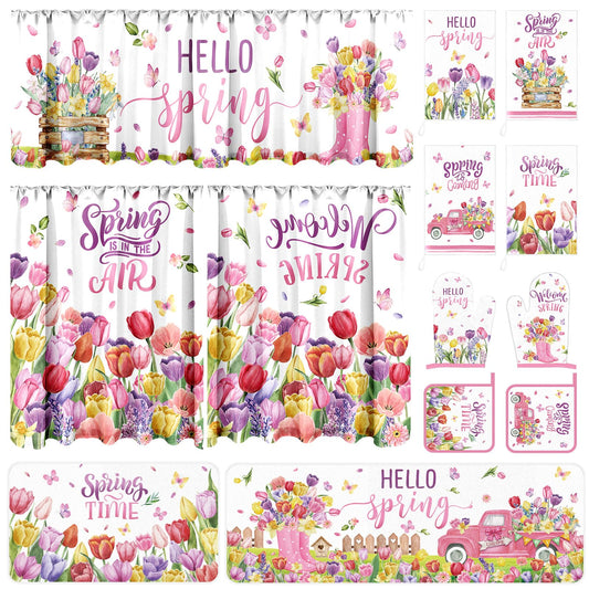 13 Pcs Hello Spring Kitchen Decor Set 3 Floral Kitchen Curtains Valance 2 Tulip Rugs and Mats 4 Spring Hand Towels 2 Paste Pot Holders 2 Oven Mitts for Home Decor Cooking Grilling Housewarming Gift