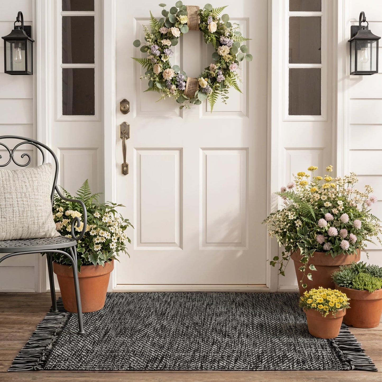 Collive 2' x 4.3' Indoor Outdoor Rug, Modern Farmhouse Kitchen Runner Rugs Hand-Woven Bathroom Rugs, Boho Washable Entry Carpet Black Reversible Front Door Mats for Laundry Bedroom Porch Decor