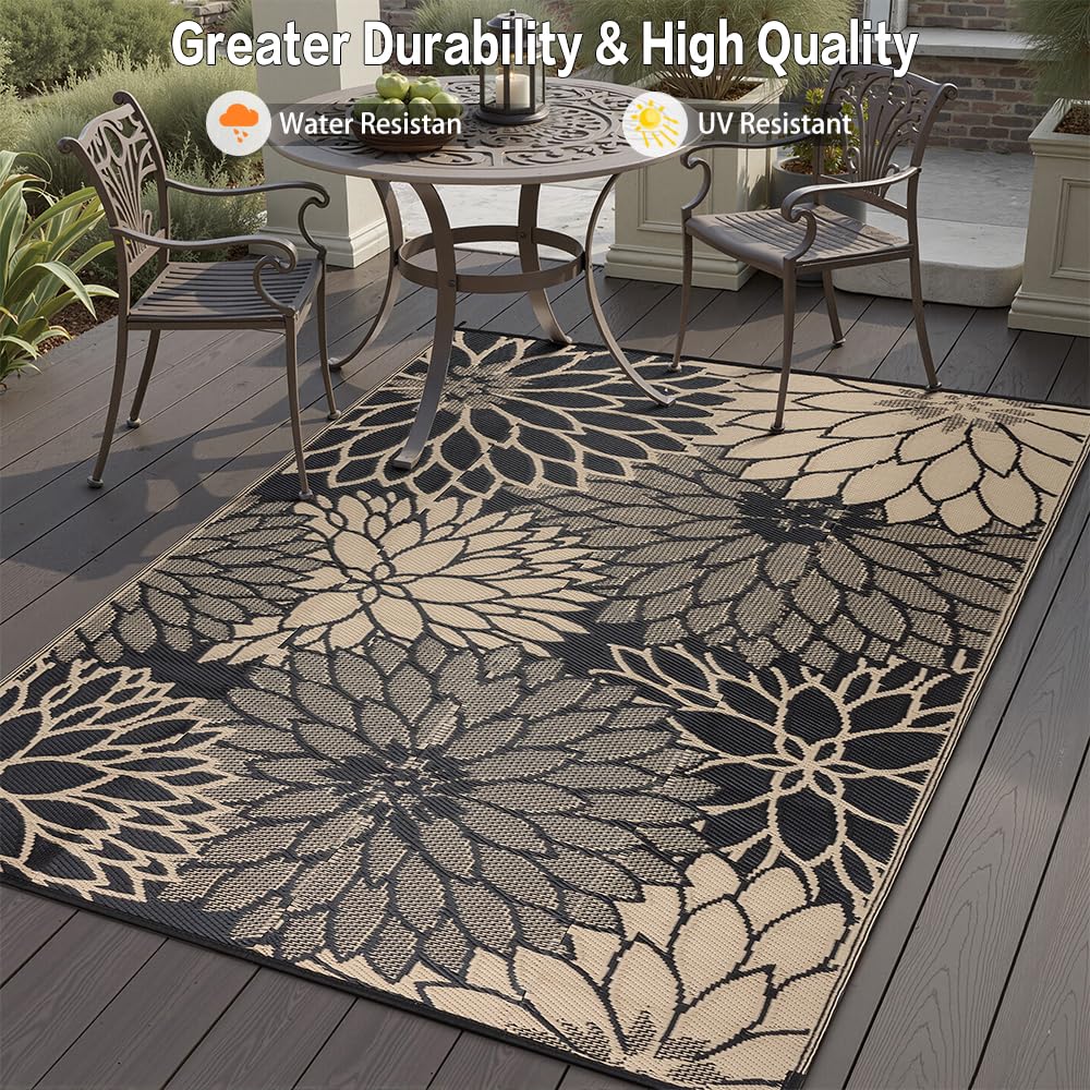 HUGEAR 5'x8' Outdoor Rug Waterproof Plastic Straw Rugs Brown Reversible Floral Mat Floor Carpet for Camping RV Deck Entryance Porch Picnic Balcony Beach Backyard