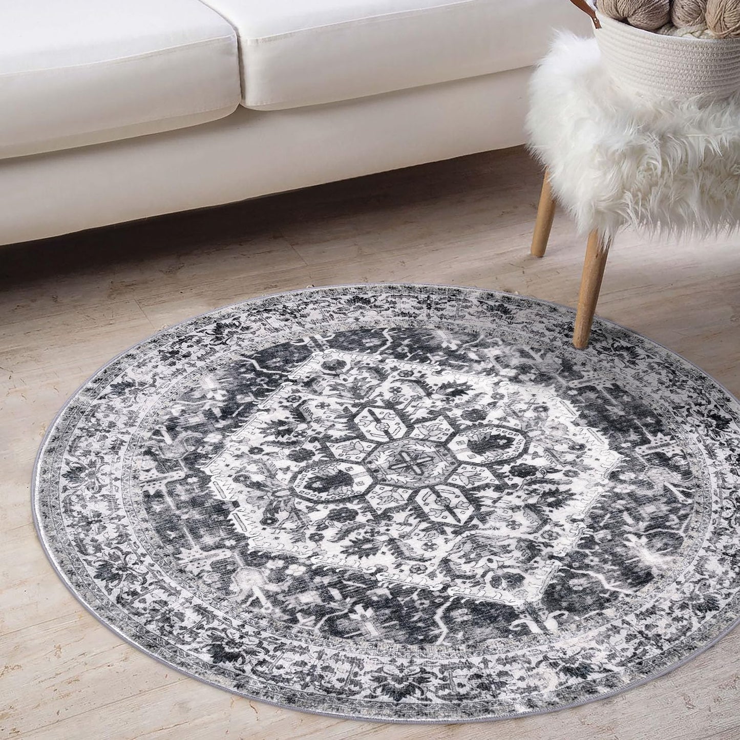 KOZYFLY Round Rug 3 Ft Rugs for Entryway Washable Circle Entrance Rug Non Slip Round Doormat Indoor Printed Faux Wool Round Front Door Mat Floor Carpet for Backdoor, Entryway, Bedroom, Grey
