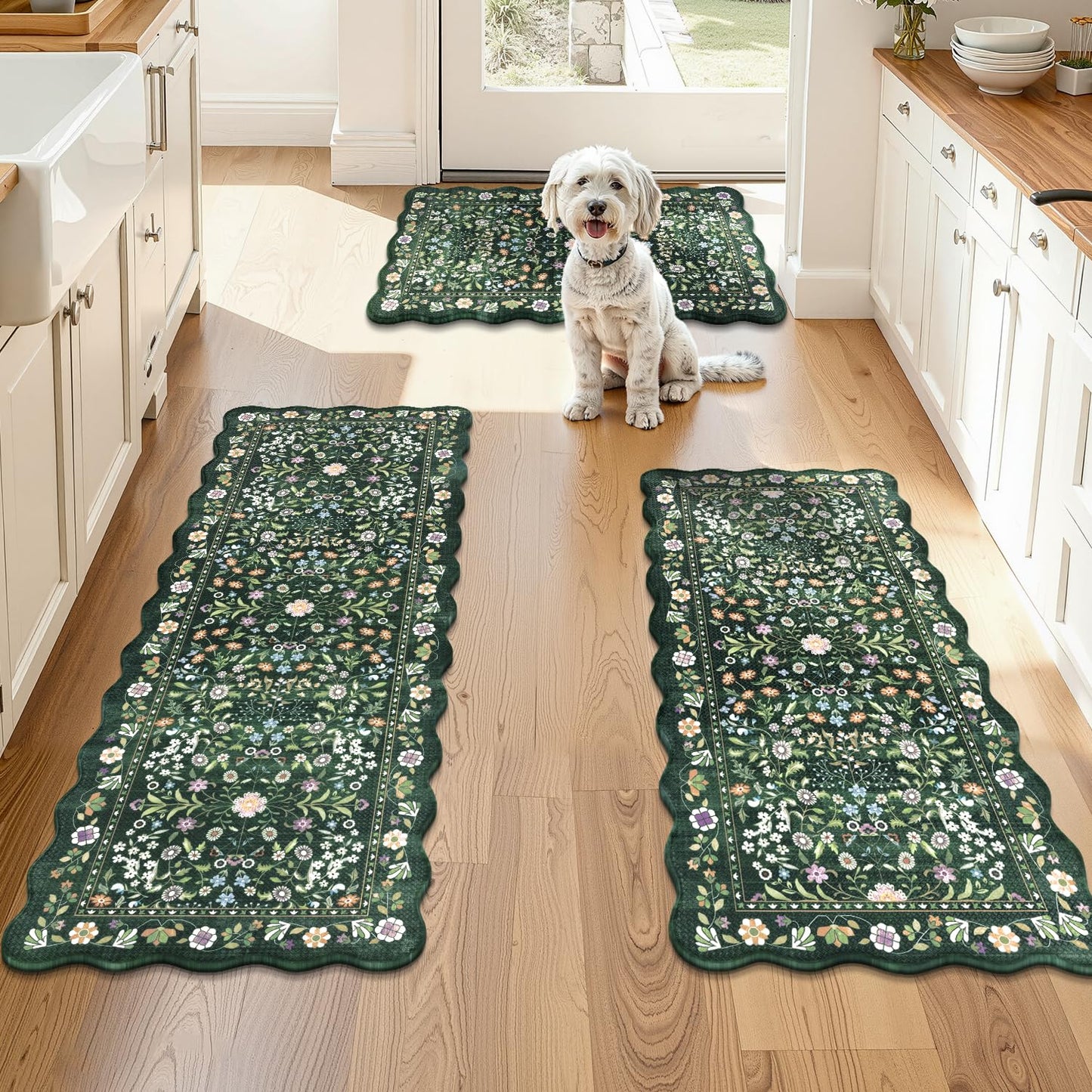 Yamaziot Anti Fatigue Kitchen Rugs Set of 3 - Boho Non Slip Waterproof Kitchen Mats for Floor, Boho Runner Rug for Kitchen Floor, Laundry, Office, 17.3"x29"+17.3"x35"+17.3"x47", Green & Black
