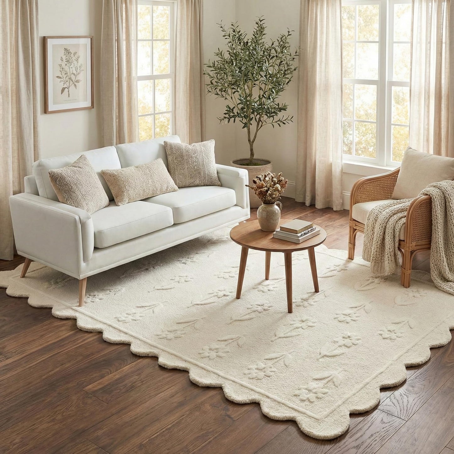 RUGWYN Jessa Scallop Floral Rug – Handmade Wool Area Rug with Non-Slip Cotton Backing – Soft and Durable – Ideal for Living Room, Bedroom, and Home Décor – Anti-Skid Design (Beige, 4' x 6')