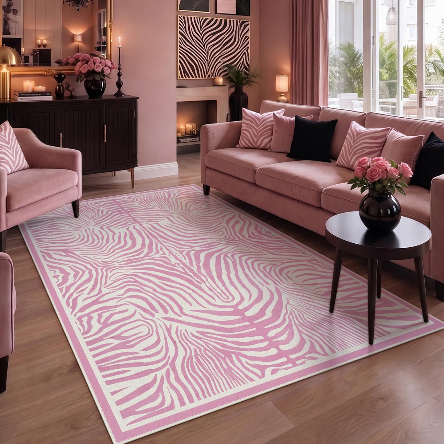 Tribesigns Pink Zebra Print 5x7 Area Rugs, Abstract Washable Rug, Modern Soft Non-Slip Rug for Girls Bedroom, Nursery, Living Room, Dorm and Kids Playroom, Boho Animal Striped Non-Shedding Carpet
