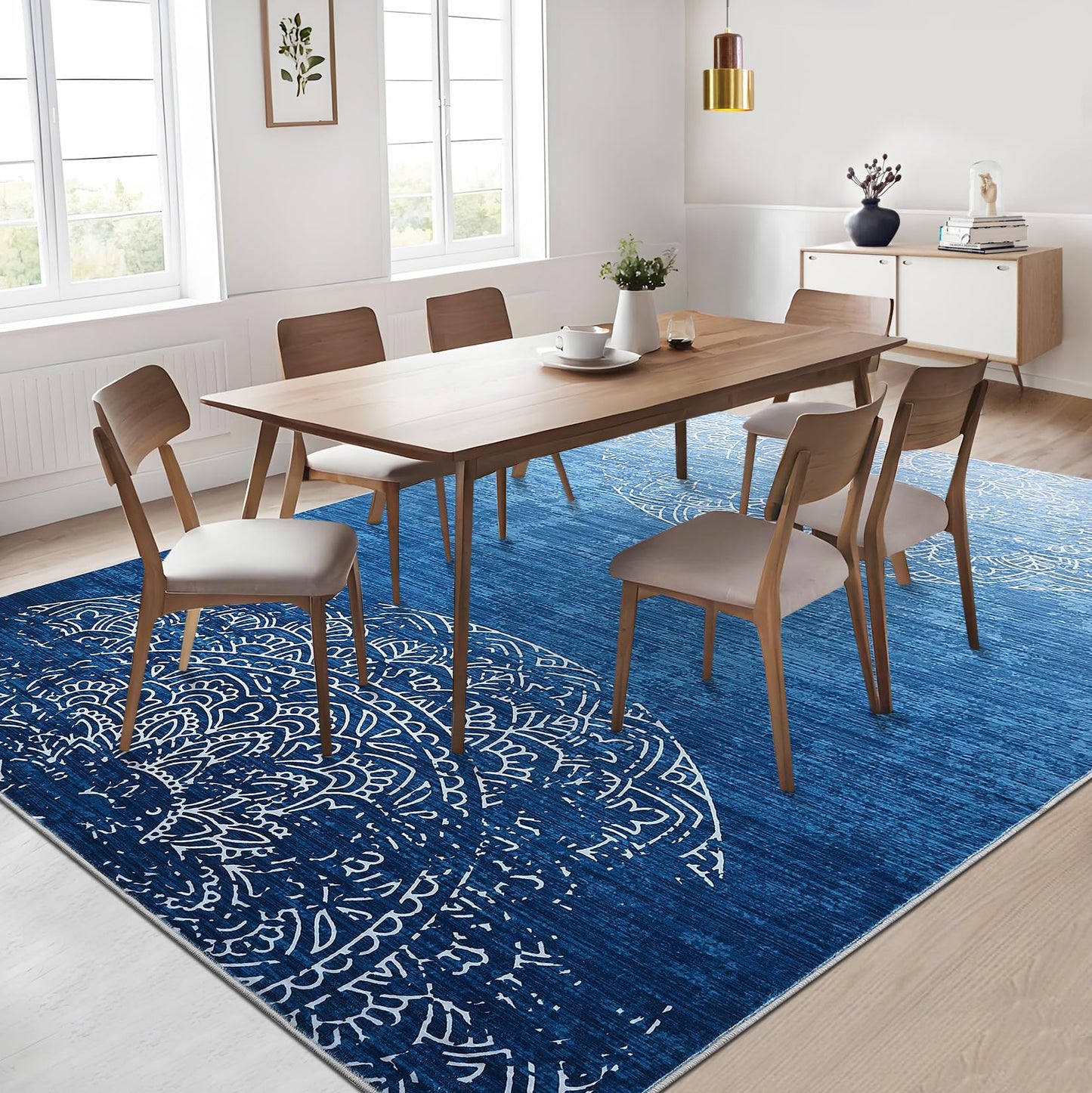 Garvee 9x12 Area Rugs for Living Room, Machine Washable Area Rug for Bedroom, Traditional Medallion Rug with Non Slip Backing, Stain Resistant Non Shedding Farmhouse Carpet for Dining Room, Blue