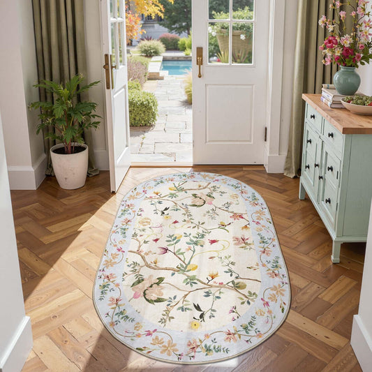 jinchan Floraison Floral Oval Rug for Entryway 3x5 Washable Oriental Flower Design Soft Non Slip Lightweight Low-Pile Chinoiserie Throw Carpet for Bedroom Living Kitchen Room Home Beige/Blue