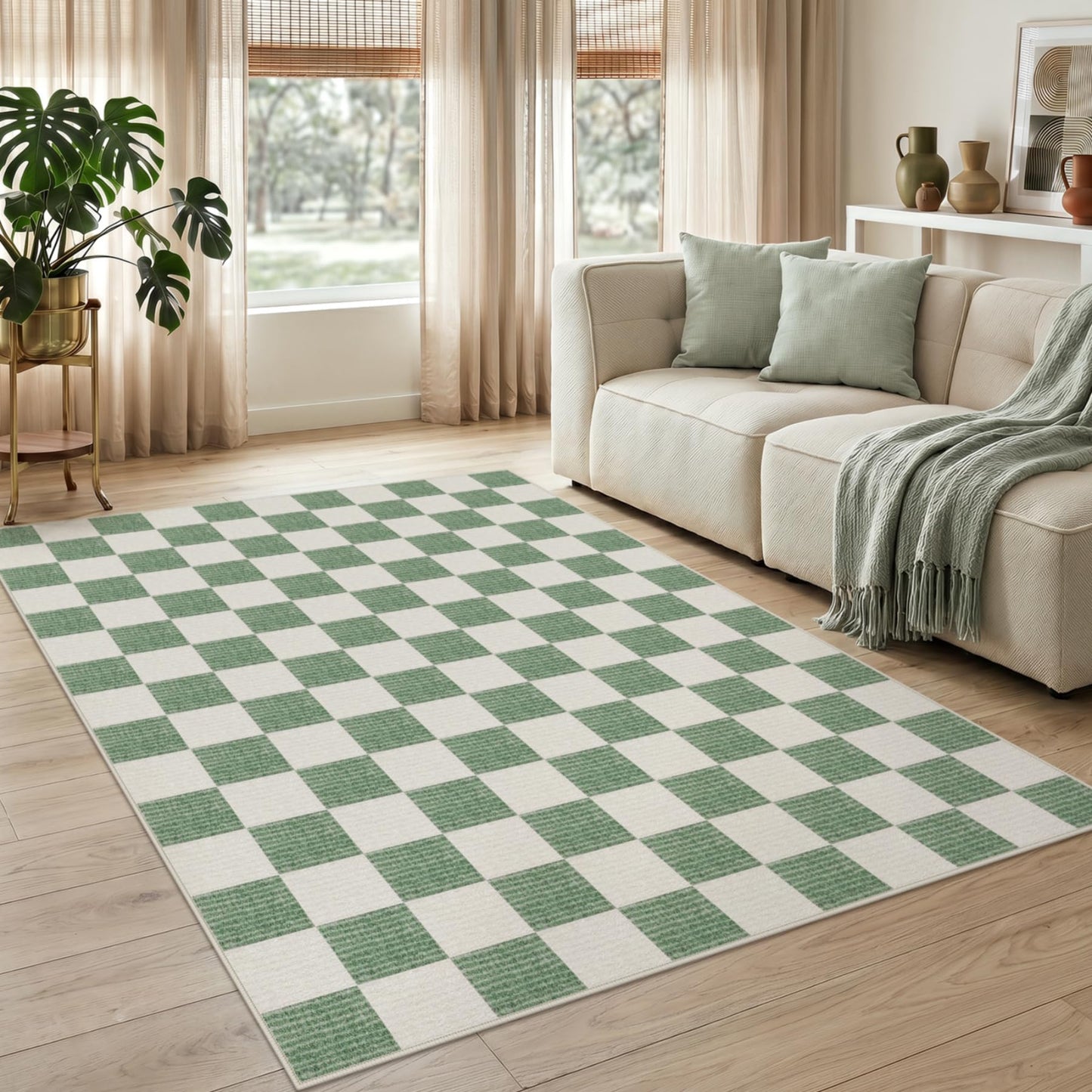 Tribesigns Checkered Washable 5x7 Area Rugs for Living Room, Soft Non-Slip Sage Green Rug for Bedroom, Geometric Printed Dining Room Carpet for Office Playroom Decor, Oeko-Tex Certified