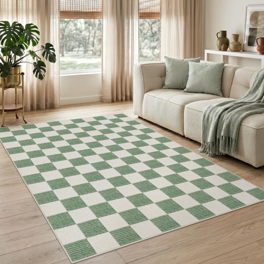 Tribesigns Checkered Washable 5x7 Area Rugs for Living Room, Soft Non-Slip Sage Green Rug for Bedroom, Geometric Printed Dining Room Carpet for Office Playroom Decor, Oeko-Tex Certified