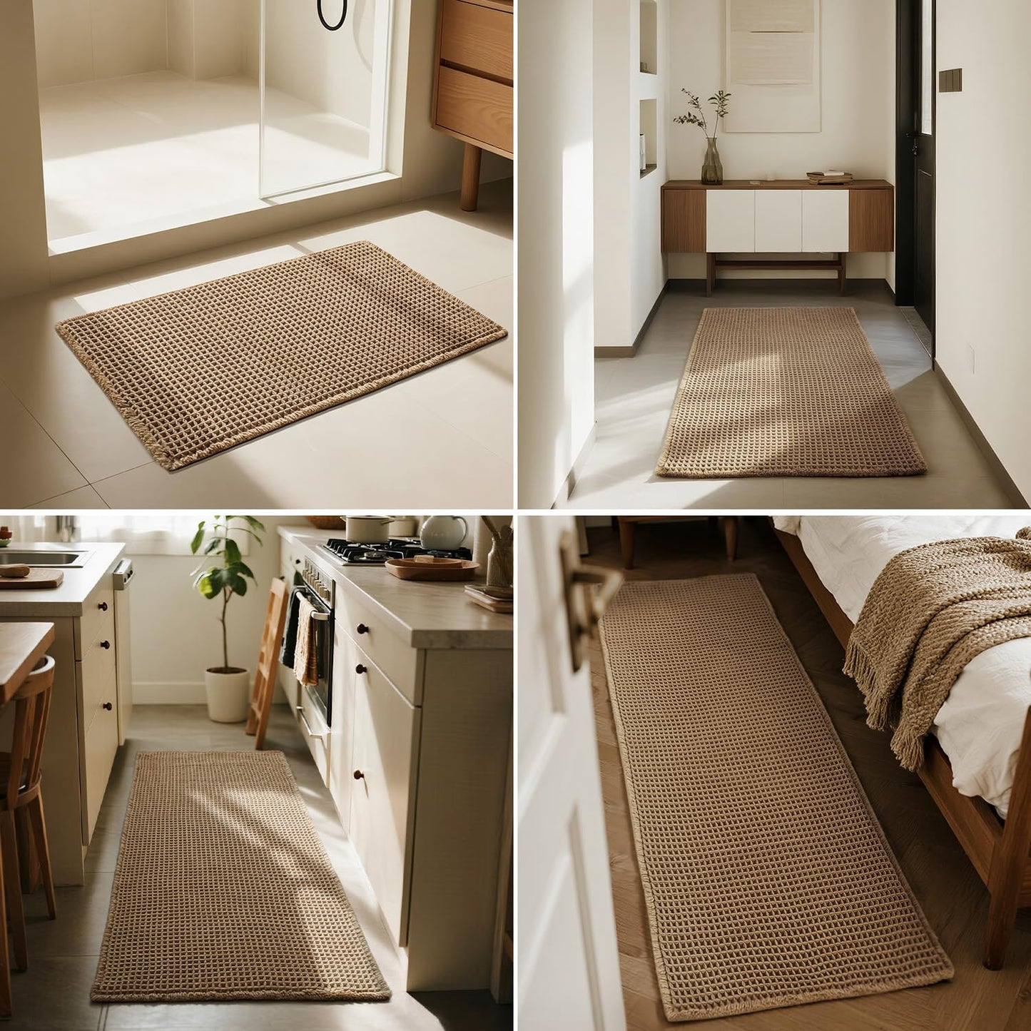 Triohero Waffle Bath Mat, Small Boho Bathroom Rugs Non Slip Washable, Ultra Soft Super Absorbent Quick Dry Farmhouse Bathroom Decor, 16" x 24", Khaki