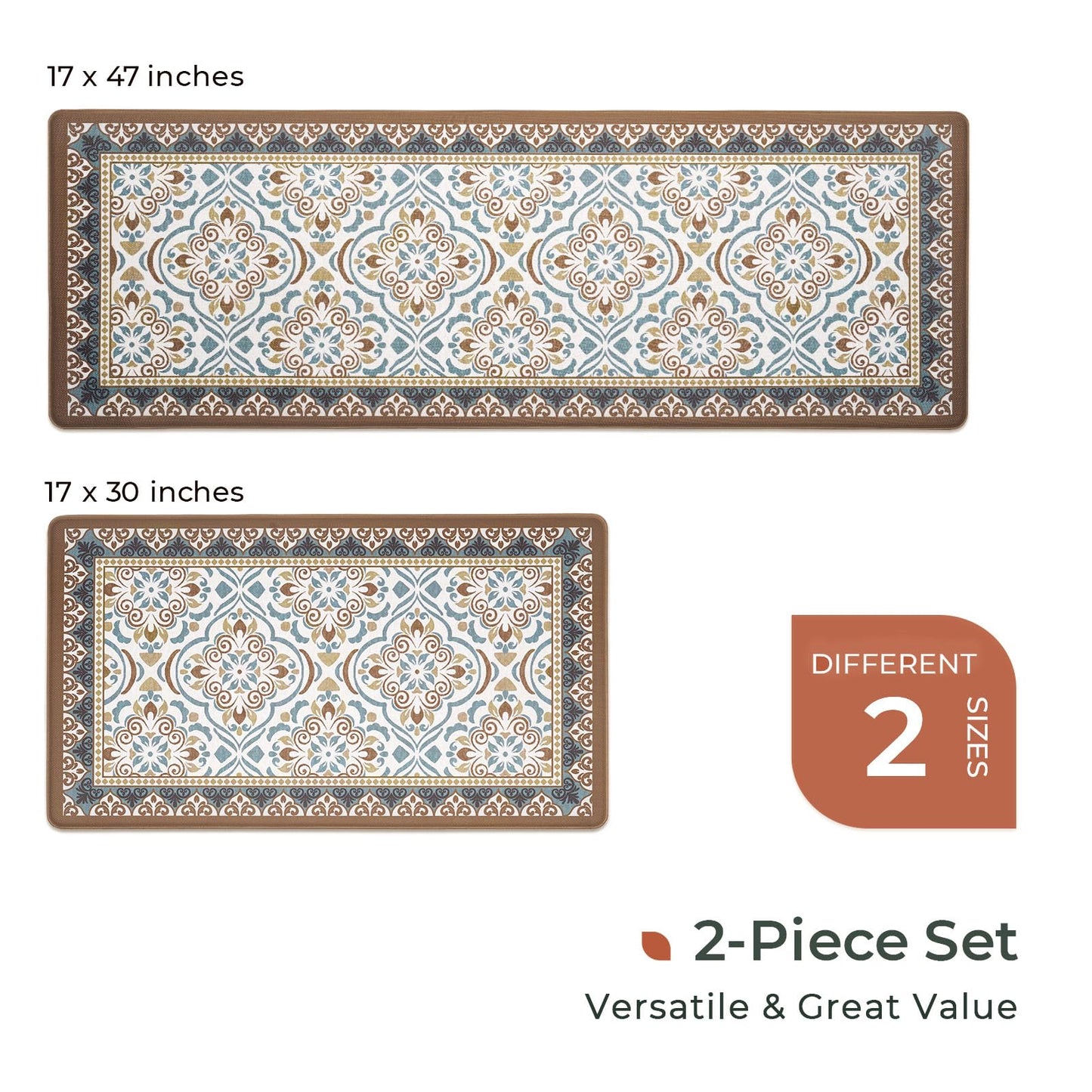 FRESHMINT Anti Fatigue Kitchen Mats for Floor 2 Piece Set, Waterproof & Non-Skid Moroccan Tile Kitchen Rugs, Cushioned Kitchen Mat for Standing Washable Comfort Desk Kitchen Runners, 17x30+17x47