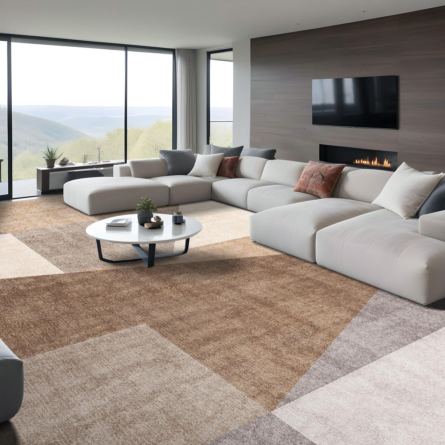 10x14 Washable Modern Area Rug: Large Geometric Non-Slip Carpet for Living Room Bedroom Pet Friendly Low Pile Stain Resistant Soft Floor Mat for Home Office Brown