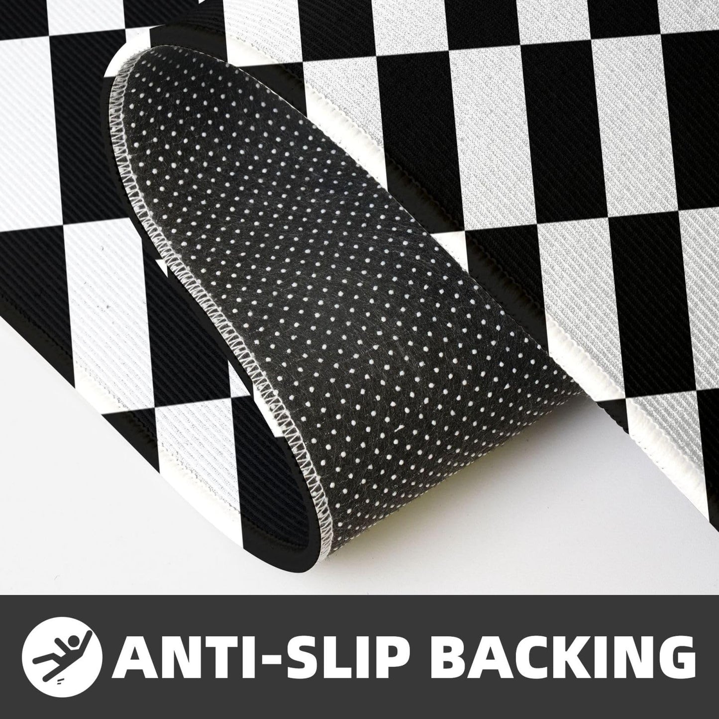 Sovvin Black and White Checkered Kitchen Rugs Microfiber Floor Mats Checkerboard Cushioned Carpet Runner Rug for Laundry Bathroom Living Room, 2 Piece Set 17"X 47" + 17"X 30"