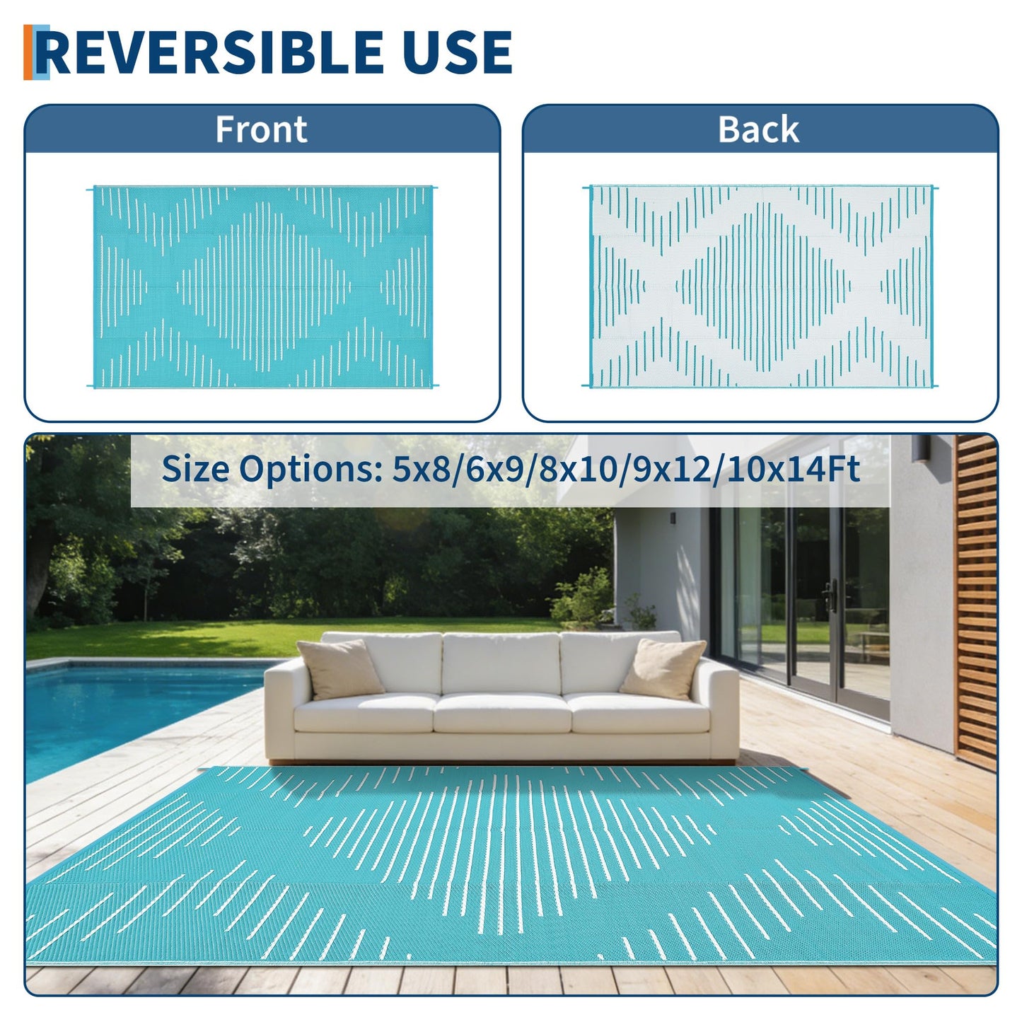 Garvee Waterproof Outdoor Rug 5x8 Rug Plastic Reversible Area Rugs Indoor Outdoor Carpet for Patio RV Porch Balcony Backyard Picnic Light Blue White