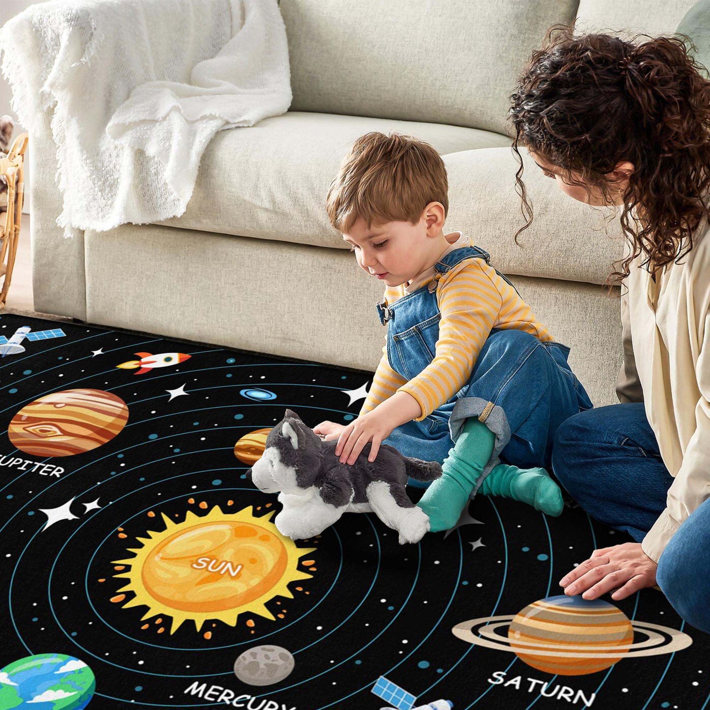 Kids Carpet Outer Space Rug, Solar System Mat 5x7 FT, Fun Game Boy Girl Kids Rug Carpet for Children Bedroom, Space Area Floor Mat for Living Room Nursery Room Toddler Classroom Decor
