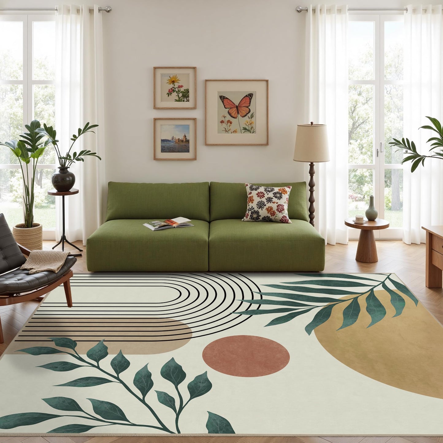 Indoor Outdoor Area Rug, Mid Century Sun Outdoor Patio Rug,Washable Abstract Art Leaves Eucalyptus Runway Rugs Non-Slip Carpet for Camping, Bedroom, Deck(5x8)
