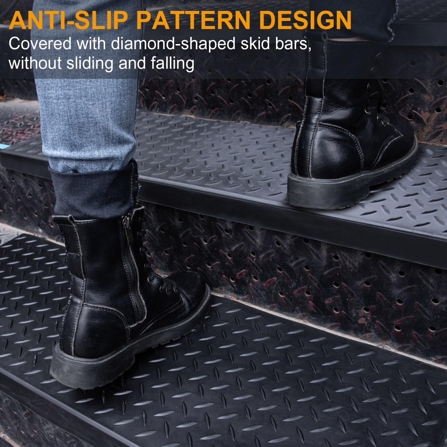 Spurtar Rubber Stair Treads, 29.69" x 9.85" 3PCS Outdoor Rubber Stair Treads Non-Slip for Wooden with Nosing Concrete Marble Tile Metal Steps Black
