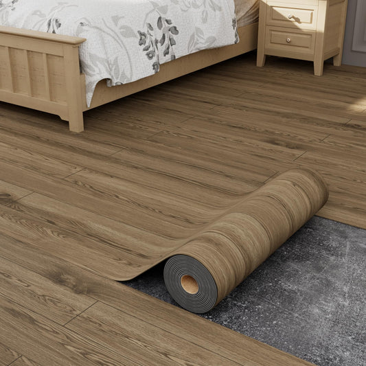 Oxdigi Peel and Stick Vinyl Flooring Roll 23"x 118"/19 Sq.Ft, Thicken Self Adhesive Vinyl Floor Tiles Wood Plank Flooring Waterproof Wear-Resistant for Any Room, Easy DIY Floor Coverings, Brown