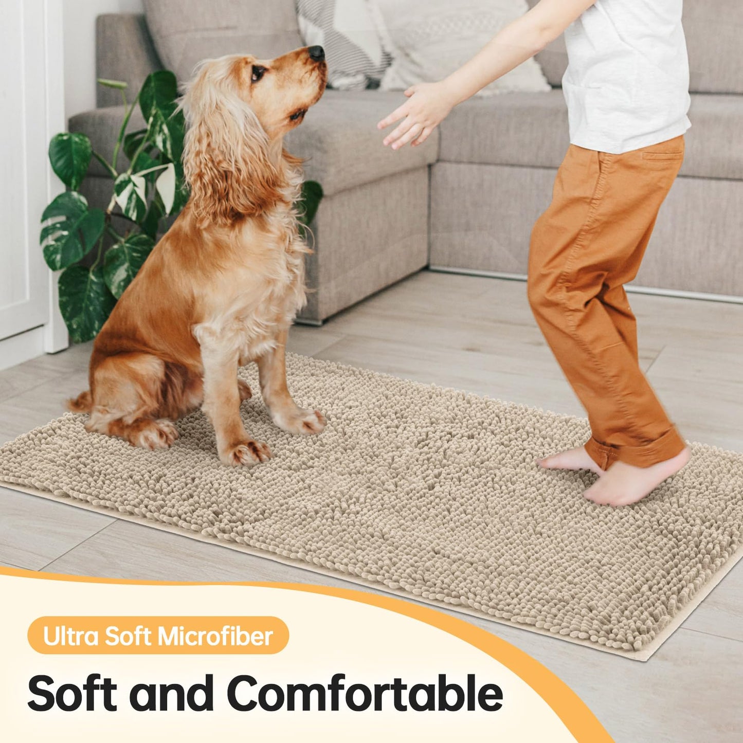 HOMEK Absorbent Dog Door Mat for Muddy Paws, 60" x 36" Chenille Indoor Mats for Entryway, Trap Dirt Front Door Mat Indoor Entrance Washable Non Slip Soft Beige