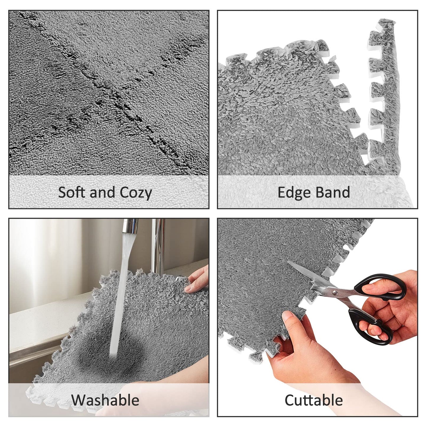 Flutesan 15 Pcs Winter Plush Puzzle Foam Floor Mat Interlocking Carpet Tiles Anti Slip Soft Warm Squares EVA Foam Crawling Rug for Play Floor Playroom Bedroom Nursery(Gray)