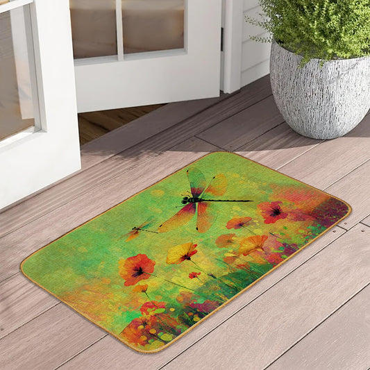 Doormat Watercolor Flower Front Door Mat Indoor Outdoor Entrance,Abstract Dragonfly Door Mat Waterproof Low Profile All-Season,Easy Clean Patio Porch Entryway Floor Rug 17x29 Inch