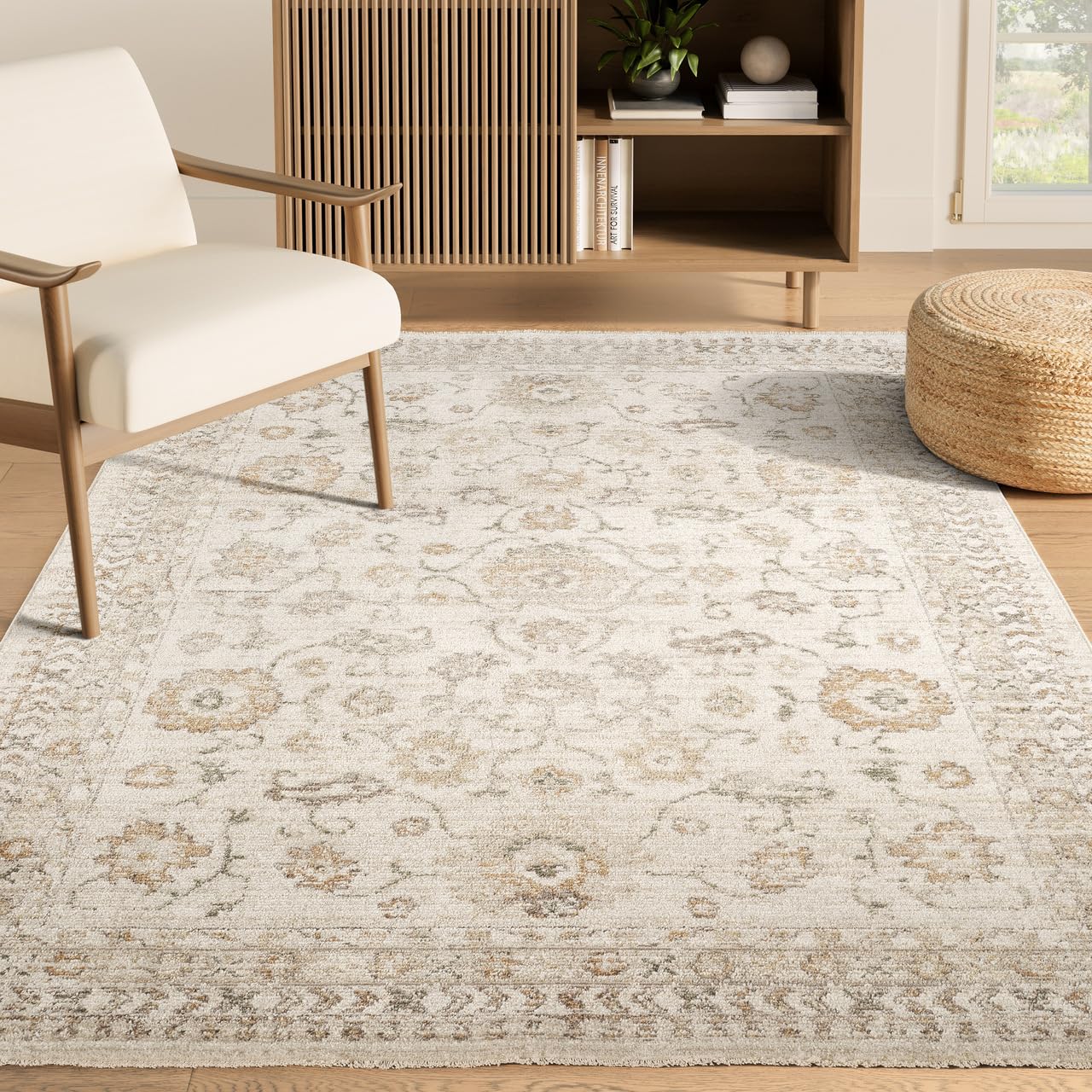 Abani Evelyn Collection Beige Area Rug - 4' x 6' - Floral Pattern, Non-Shedding - Easy to Clean, Durable for Living Rooms, Bedrooms & Offices, Pet & Kid Friendly