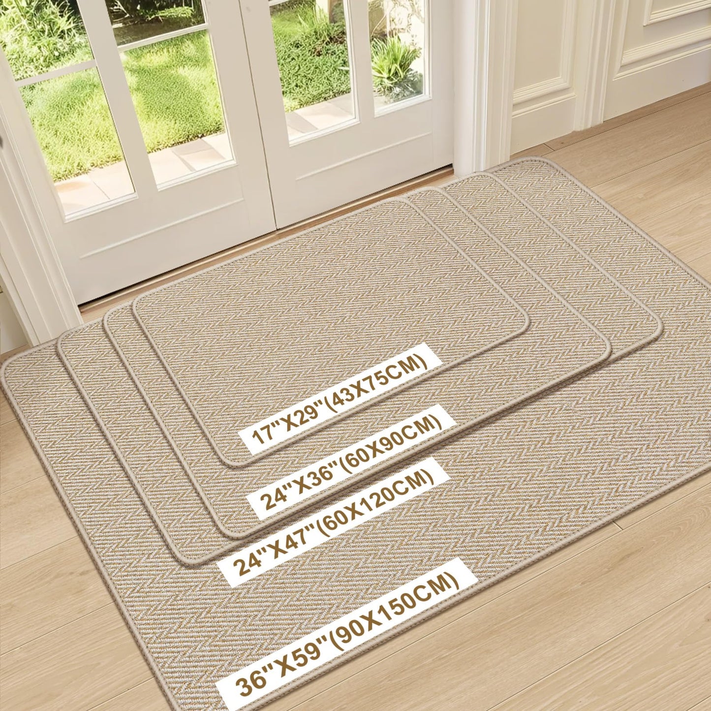 BEISIFLOOR Ultra Thin Door Mat Indoor Entrance 36"x59", Low-Profile Indoor Door Mat, Large Non Slip Entry Mat Rubber Backing Unique Herringbone Design Inside Doormat Dirt Trapper Entryway Mats, Beige