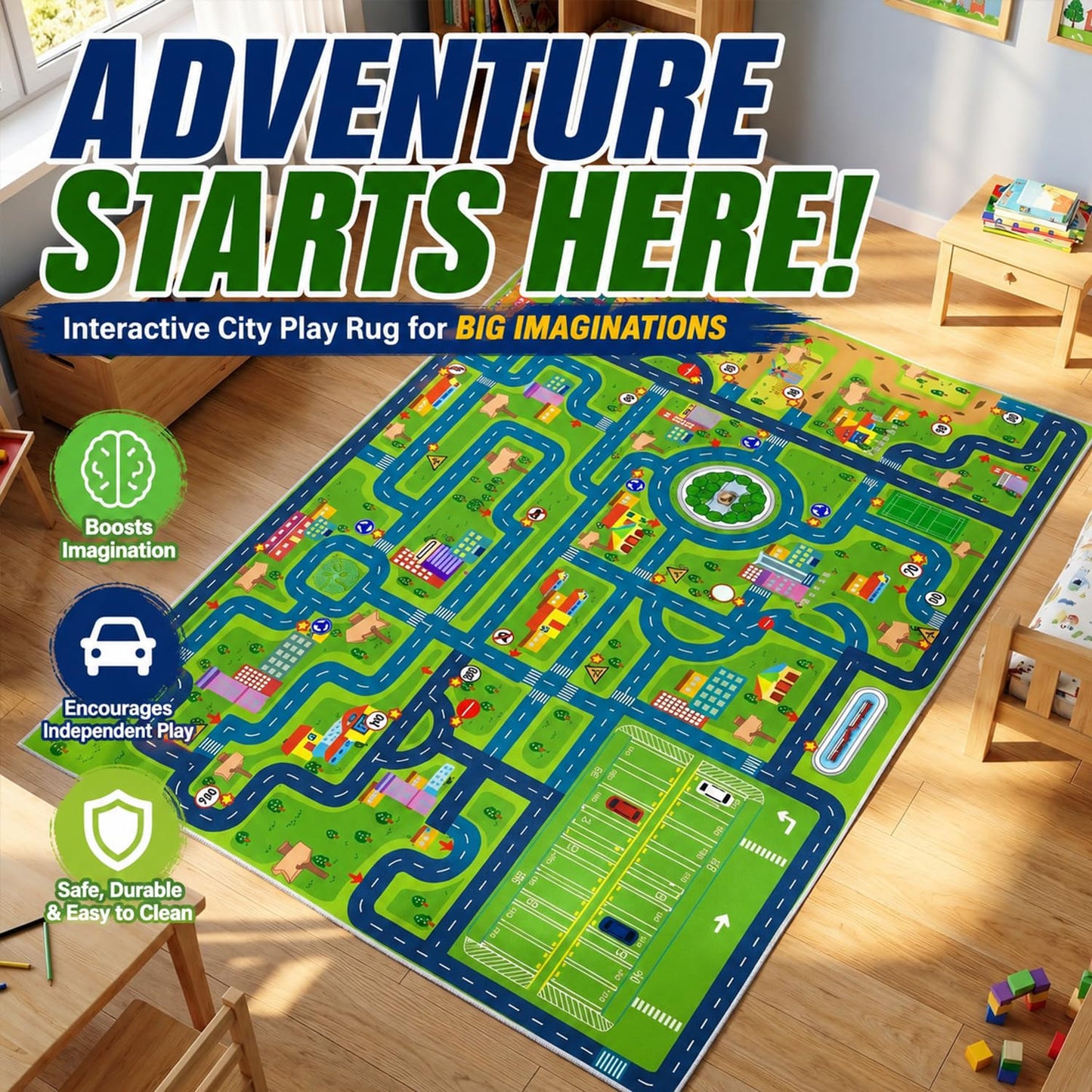 Car Rug Play Road Rug Kid Play Mat,Playroom Toy Car Mat, Kids Carpet City Map for Bedroom Classroom,Extra Large Thick (59X39.4 Inch)