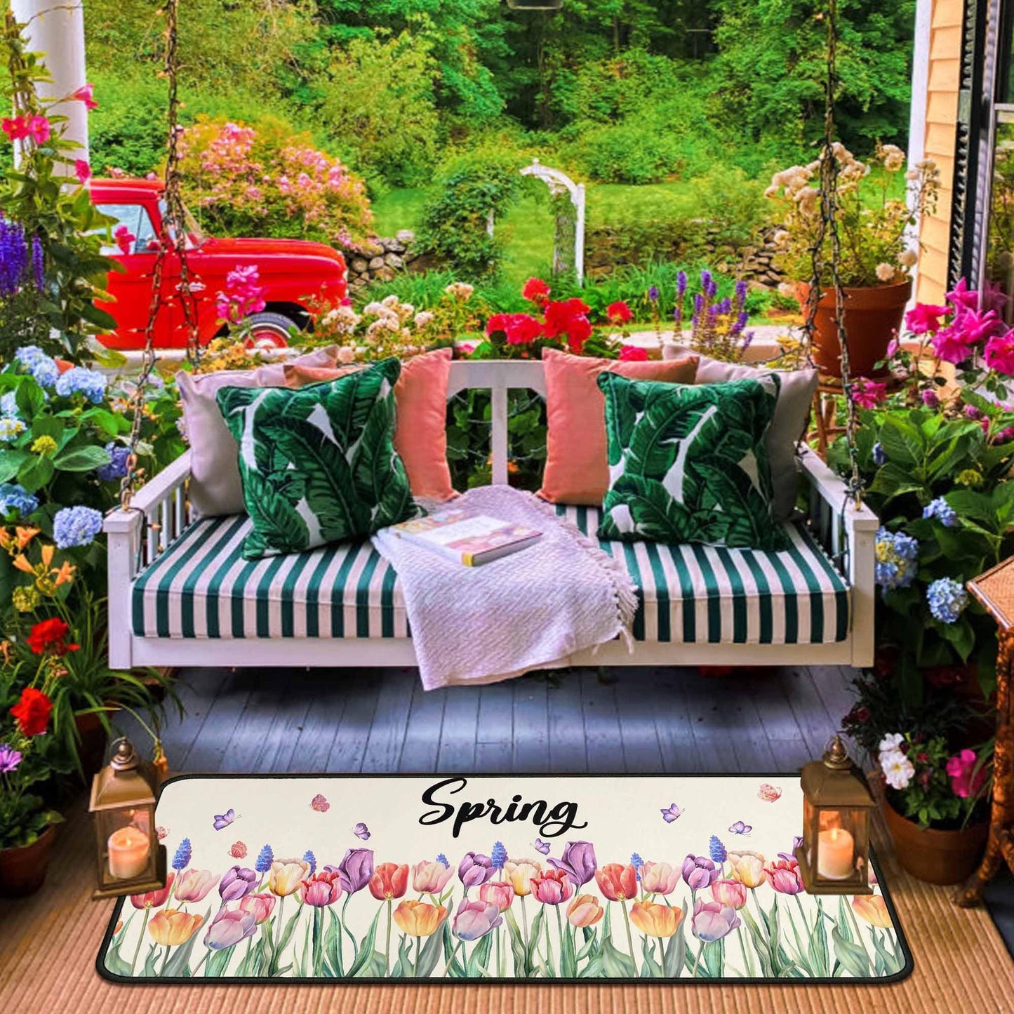 OUXIOAZ Tulip Floral Spring Decorative Kitchen Rugs Set of 2,Welcome Spring Summer Seasonal Holiday Decorations for Home Kitchen 17"x47"+17"x30"