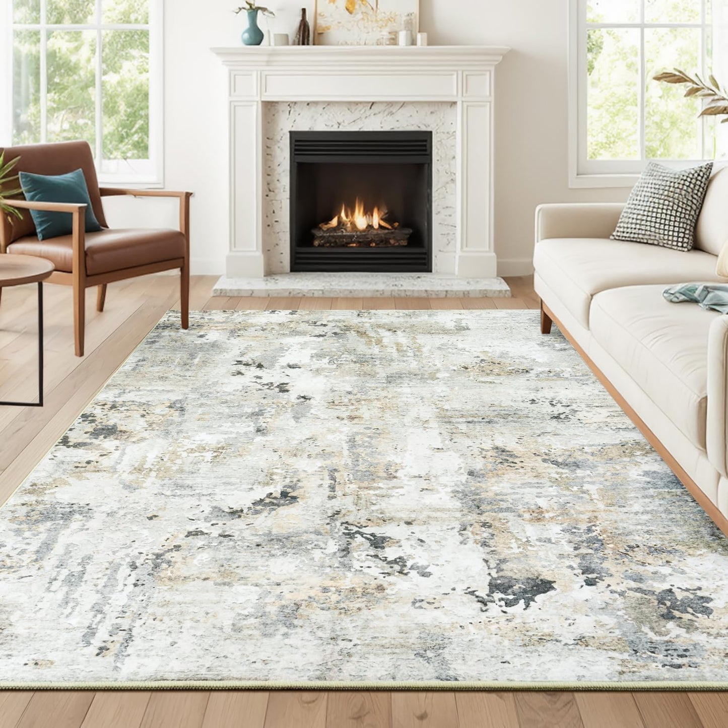Carpelux 5x7 Area Rugs, Neutral Machine Washable Rugs for Living Room, Abstract Modern Soft Non-Slip Thin Print Floor Carpet for Bedroom Kids Room, Brown/Grey