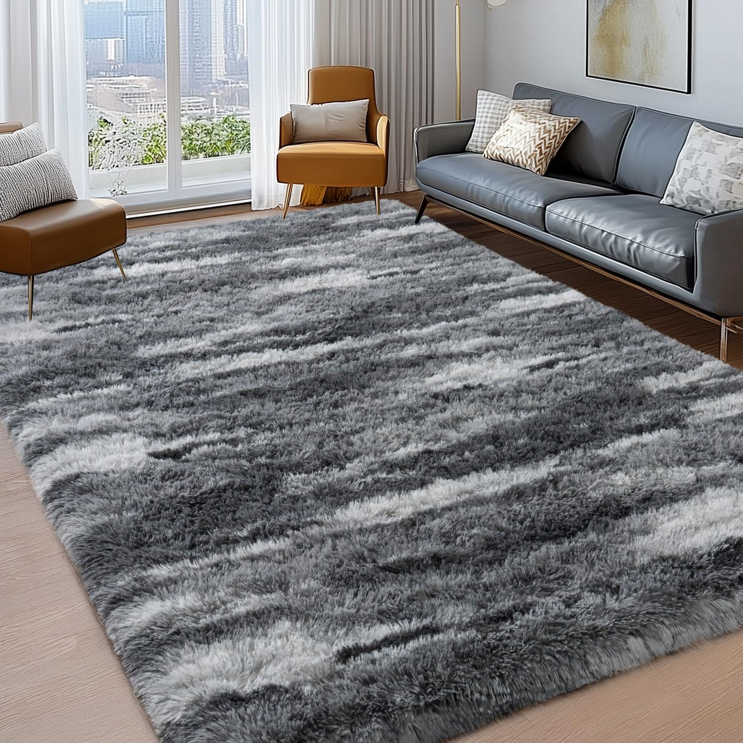 Ailyei Shag Rugs for Living Room 8x10, Ultra Soft Abstract Grey Big Fuzzy Rugs for Bedroom, 8 x 10 Fluffy Shaggy Plush Carpet Girls Kids Room Dorm Upgrade Non-Slip