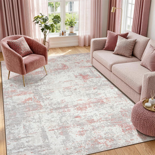 5x7 Washable Modern Abstract Area Rug, Soft Faux Cashmere Low Pile Non-Slip Non-Shedding Carpet for Living Room Bedroom Nursery Girls Room, Grey Pink