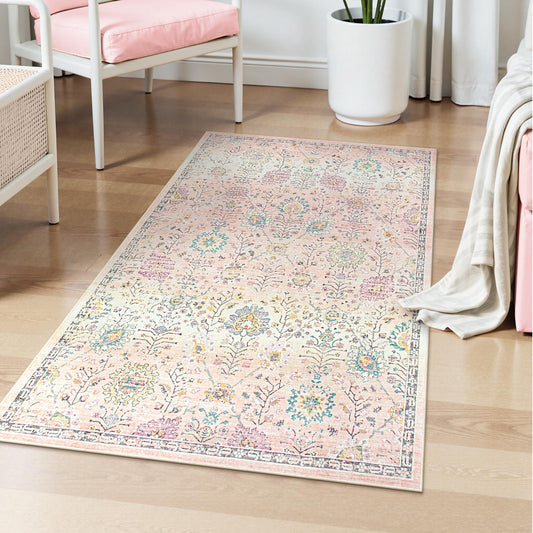 Lahome Flavie Light Pink Boho Rug, 3x5 Machine Washable Area Rugs for Dorm Girls, Soft Floral Small Nursery Pastel Mat, Pink Carpet for Bedroom Kids Room