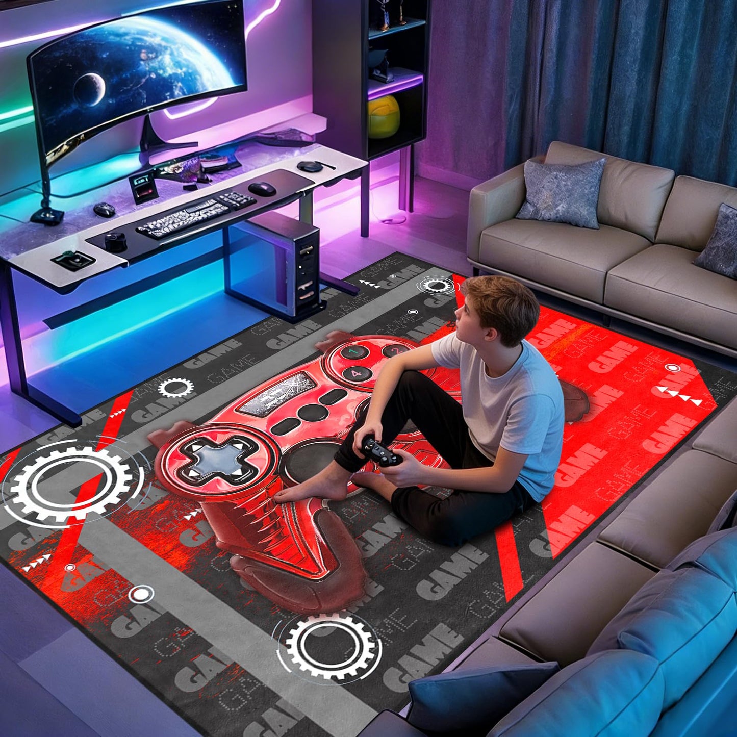 Gamer Teen Area Rug Floor Rugs for Boys 3D Gamepad Red Medium Carpet for Bedroom Floor Mat Doormats Kids Room Gaming Rug Player Black Living Room Mat Home Decor Sofa Carpet, 3'x5'