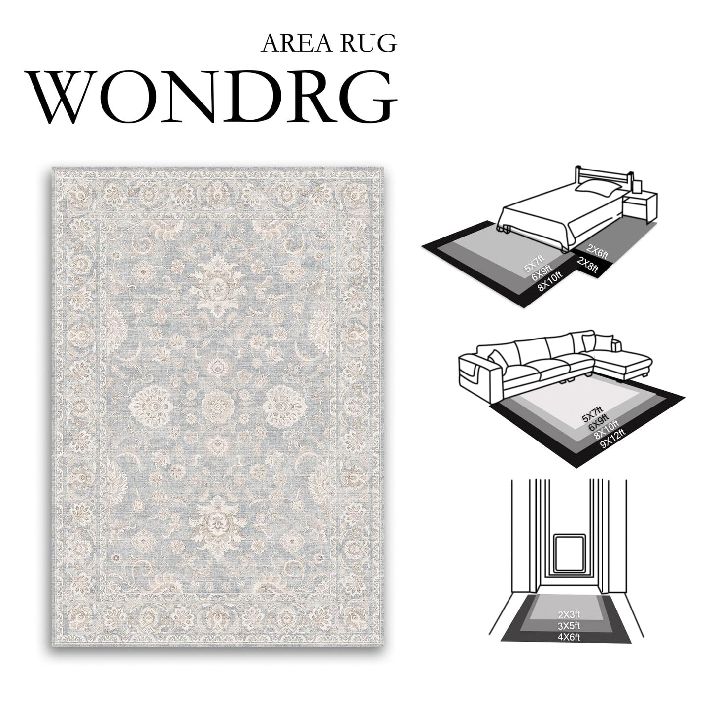 WondRg 9x12 Blue Cream Area Rug for Living Room Bedroom Neutral Floral Soft Non Slip Rug Low Pile Distressed Large Carpet for Dining Room Nursery Office Indoor